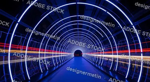 Futuristic Tunnel With Glowing Blue Neon Lights And Light Trails Creating Illusion Of Speed Motion And Modern Technology