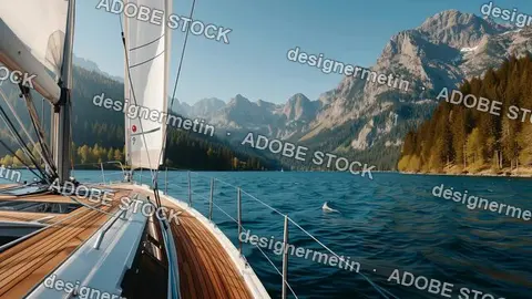 Sailing Boat Cruising On Mountain Lake Surrounded By Forest And Rocky Peaks Under Clear Blue Sky Adventure Video