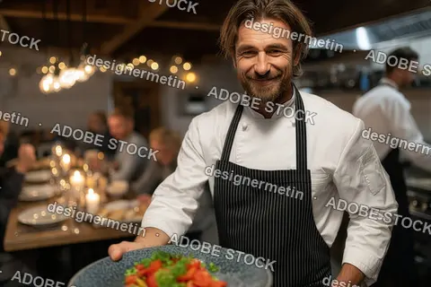 Smiling Chef Serving Delicious Gourmet Dish In Cozy Restaurant Kitchen With Warm Lighting And Friendly Atmosphere