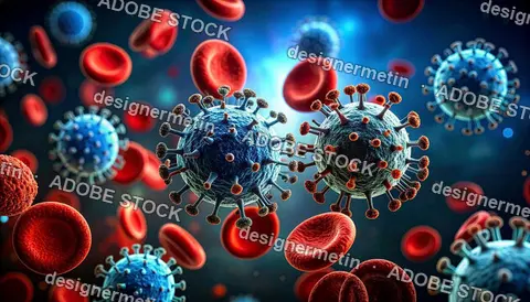 Microscopic View Of Blue Spherical Viruses And Red Blood Cells In Vivid Biological Science Medical Concept Background