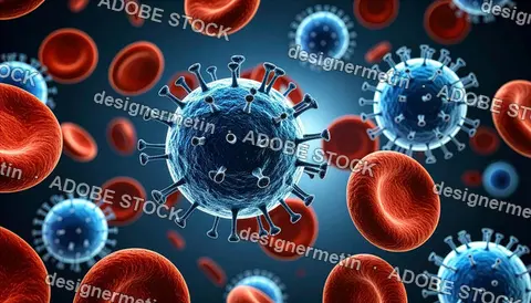 Detailed 3d Rendering Of Blue Spherical Viruses Among Red Blood Cells In Biological Science And Healthcare Illustration