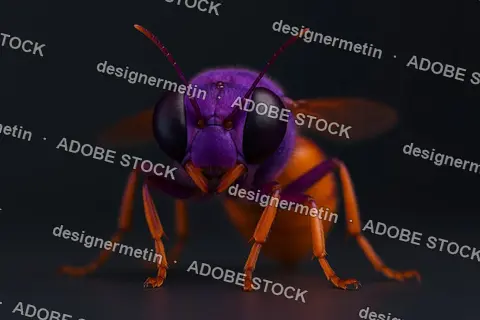Macro Portrait Of Colorful Insect With Purple Body And Orange Legs Isolated On Dark Background