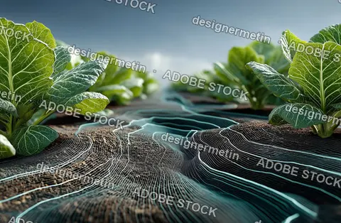 Futuristic Smart Agriculture Field Visualization With Contour Lines Representing Soil Data And Plant Growth Patterns