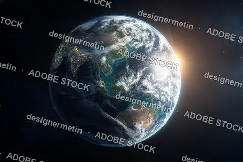 Photorealistic 3D Rendering Of Earth From Space Showing Asia And Australia Illuminated By Sunrise
