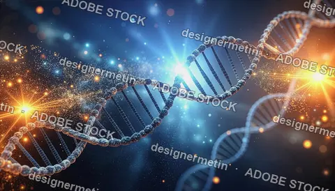 Abstract Glowing Dna Double Helix Structure Illuminated By Blue And Orange Particles Symbolizing Genetic Research And Biotechnology Innovation