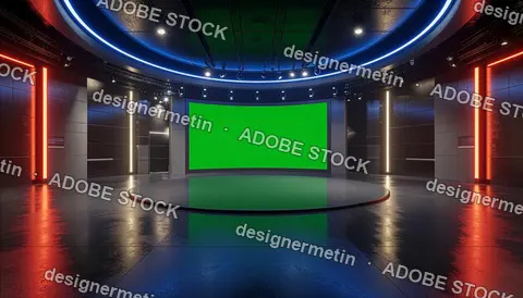 Futuristic Television News Studio Interior With Curved Green Screen Stage And Colorful Led Lights Creating Modern Broadcast Environment