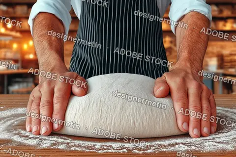 Close Up Of Baker Hands Kneading Dough On Wooden Table In Warm Bakery Light
