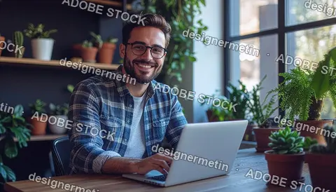 Smiling Man Working Remotely With Laptop Surrounded By Indoor Houseplants In A Stylish Home Office
