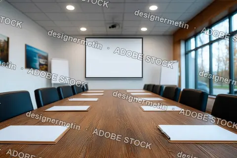 Corporate Boardroom Setup With Flip Charts, Projector Screen And Wooden Table Ready For Meeting