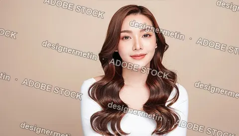 Smiling Japanese Woman With Long Brown Wavy Hair And Natural Makeup In Soft Light Studio Portrait