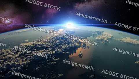 View Of Planet From Space Orbit With Sunrise Horizon, Cosmic Galaxy Starscape And Atmospheric Clouds