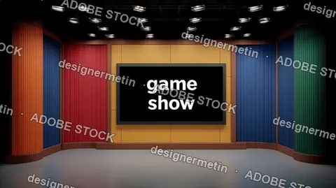 Game Show Stage With Colorful Vertical Panels, Empty Set With Central Black Display And Lights