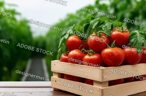 Wooden Crate Filled With Freshly Harvested Tomatoes In Greenhouse, Covered In Water Droplets, Organic Farming