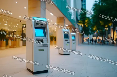 Outdoor Automated Teller Machines In City Banking District With Modern Glass Buildings And People Walking
