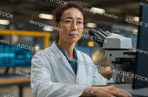 Focused Female Scientist Using Microscope In Research Lab, Analyzing Samples With Advanced Equipment