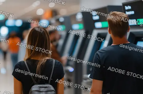 Two Individuals At Modern ATM Machines In A Well-Lit Commercial Banking Hall, Performing Transactions Securely