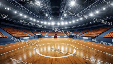 Modern Indoor Basketball Stadium With Polished Wood Floor, Empty Stands And Professional Lighting Overhead