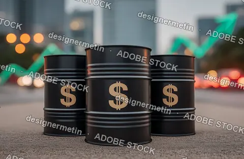 Three Black Barrels With Gold Dollar Symbols Arranged On Urban Pavement Suggesting Oil Pricing Commodity Finance Concept And Market Value Industrial Energy Theme