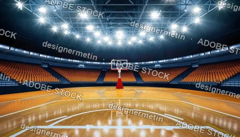 Illuminated Indoor Basketball Arena Showcasing Polished Wooden Court And Empty Orange Seats Under Bright Stadium Lights Creating Energetic Competitive Atmosphere