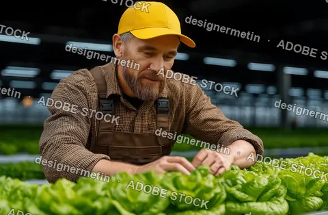 Indoor Vertical Hydroponic Greenhouse With Farmer Checking Healthy Green Lettuce Under Bright LED Lighting