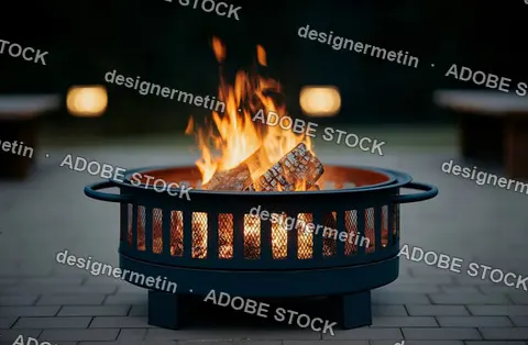 Old Washing Machine Drum Repurposed As Outdoor Fire Pit Glowing With Flames In Backyard