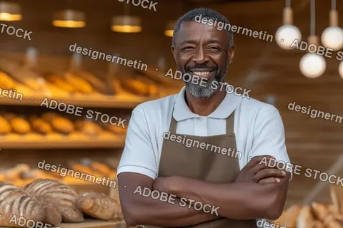 Happy Bakery Worker Standing With Arms Crossed In Front Of Fresh Bread Shelf Display Background