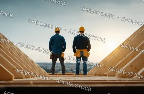 Two Confident Construction Workers Wearing Protective Helmets Reaching Toward Wooden Structure Indoors