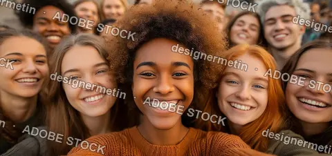 Smiling Young Woman Leading A Happy Diverse Group Of People During Cheerful Outdoor Event Or Festival