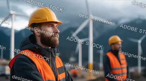 Portrait Of Engineer In Helmet At Wind Farm With Mountains And Turbines In Soft Focus Background