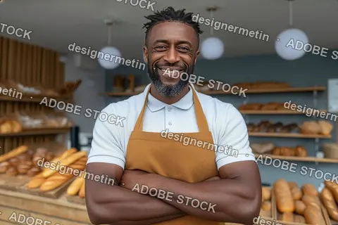 Friendly Baker Standing Confidently In Bakery Surrounded By Fresh Bread Loaves On Wooden Shelves