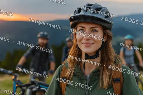 Confident Female Cyclist Smiling With Bike Group Behind Her Outdoors In Scenic Sunset Mountain Landscape