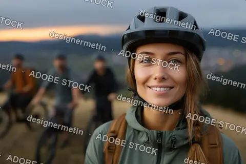 Smiling Young Woman Wearing Helmet With Friends Cycling In Background, Scenic Hills At Sunset Behind Group