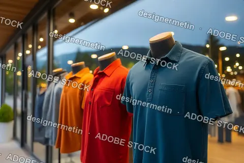 Retail Clothing Mannequins In Window Display Under Soft Lights Showcasing Colorful Fashion Shirts At Nightfall