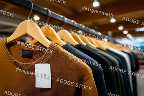 Stacked Sweaters On Wooden Table In Retail Shop With Blank Tags, Fashion Product Display Scene
