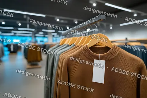 Retail Fashion Display With Folded Sweaters And Blank Tags On Wooden Table In Modern Shop
