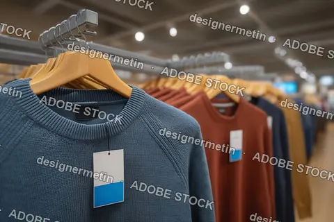 Colorful Folded Sweaters Stacked On Wooden Table In Fashion Retail Environment With Blank Labels