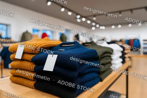 Folded Sweaters On Hangers In A Bright Retail Clothing Store Interior With Blank Price Tags