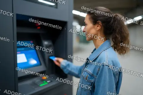 Woman Making Contactless ATM Transaction Using Bank Card In Modern Urban Environment For Digital Banking