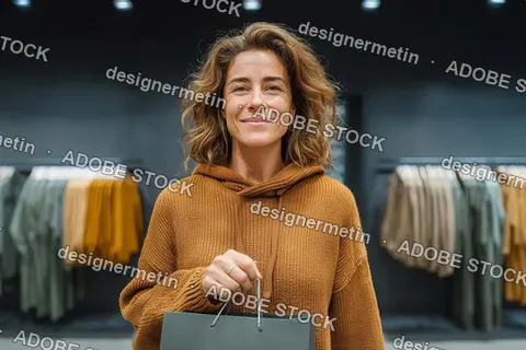 Stylish Shopper Smiling While Holding Shopping Bag Inside Fashion Clothing Store During Seasonal Sale Event