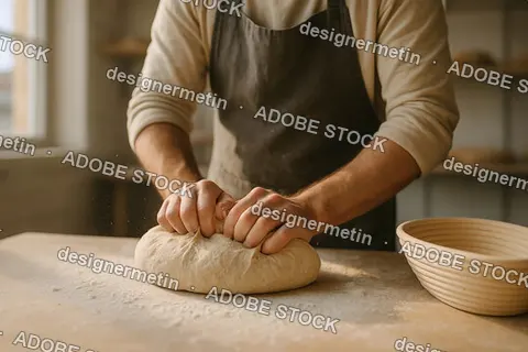 Baker Kneading Fresh Dough By Hand On Floured Surface In Rustic Kitchen During Traditional Bread Preparation