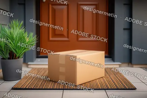 Cardboard Package Left On Doorstep With Welcome Mat And Plant Indicating Delivery Arrival At Modern Home
