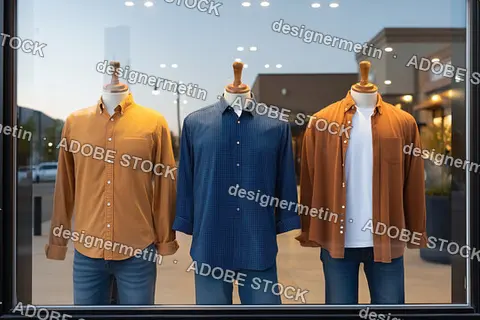 Evening View Of Window Display Featuring Three Stylish Mannequins Dressed In Smart Casual Menswear Fashion