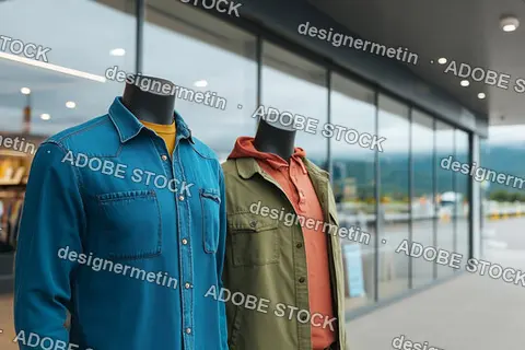 Street Side Fashion Store Window Showing Two Male Mannequins In Casual Outfits And Modern Apparel Setup