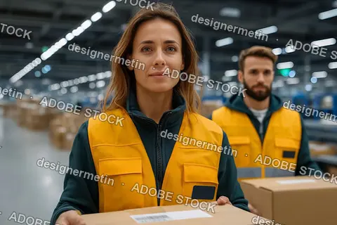 Female Employee Carrying Box In Modern Warehouse Logistics Facility With Colleague In Organized Distribution Line