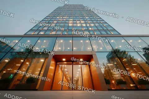 Corporate Glass Office Tower With Modern Design Illuminated During Twilight In Financial Business District Downtown