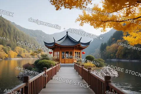 Chinese Pavilion With Traditional Roof Over Water In Scenic Mountain Garden Landscape With Trees In Autumn Color
