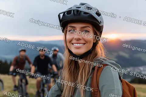 Smiling Female Cyclist Enjoying Outdoor Adventure With Group Of Friends During Scenic Mountain Biking Tour