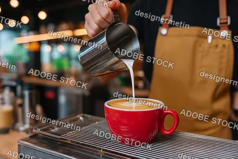 Skilled Barista Pouring Steamed Milk Into Ceramic Cup To Create Artistic Latte Design In Cozy Coffee Shop
