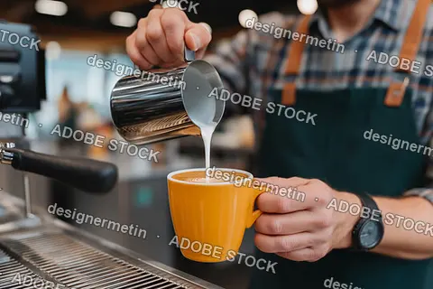 Close Up View Of Barista Hands Holding Metal Pitcher And Pouring Milk Foam Into Fresh Coffee Cup