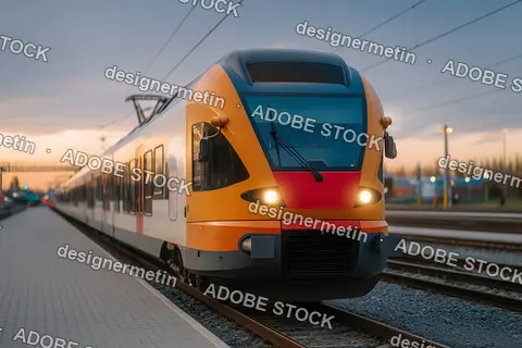 Electric Passenger Train Approaching Platform At Sunset, Modern Railway Transport In Urban Environment